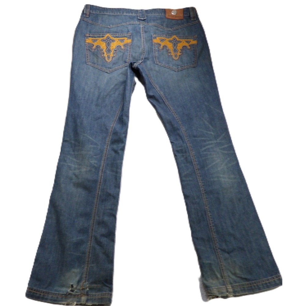 Y2K Antik Denim Bootcut Jeans Men W36xL34 Embroidered Western Distressed Blue